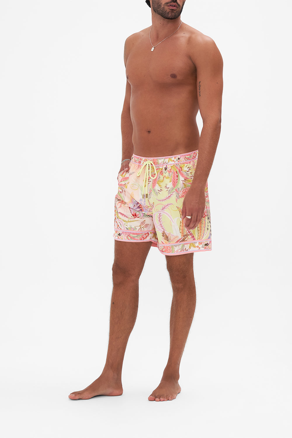 Side view of Hotel Franks by CAMILLA mens luxury boardshorts in Cosmic Tuscan print