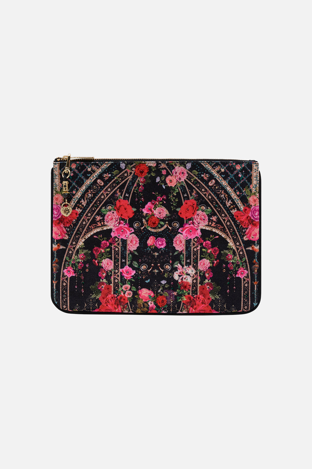 Product view of CAMILLA designer clutch bag in Reservation For Love print 