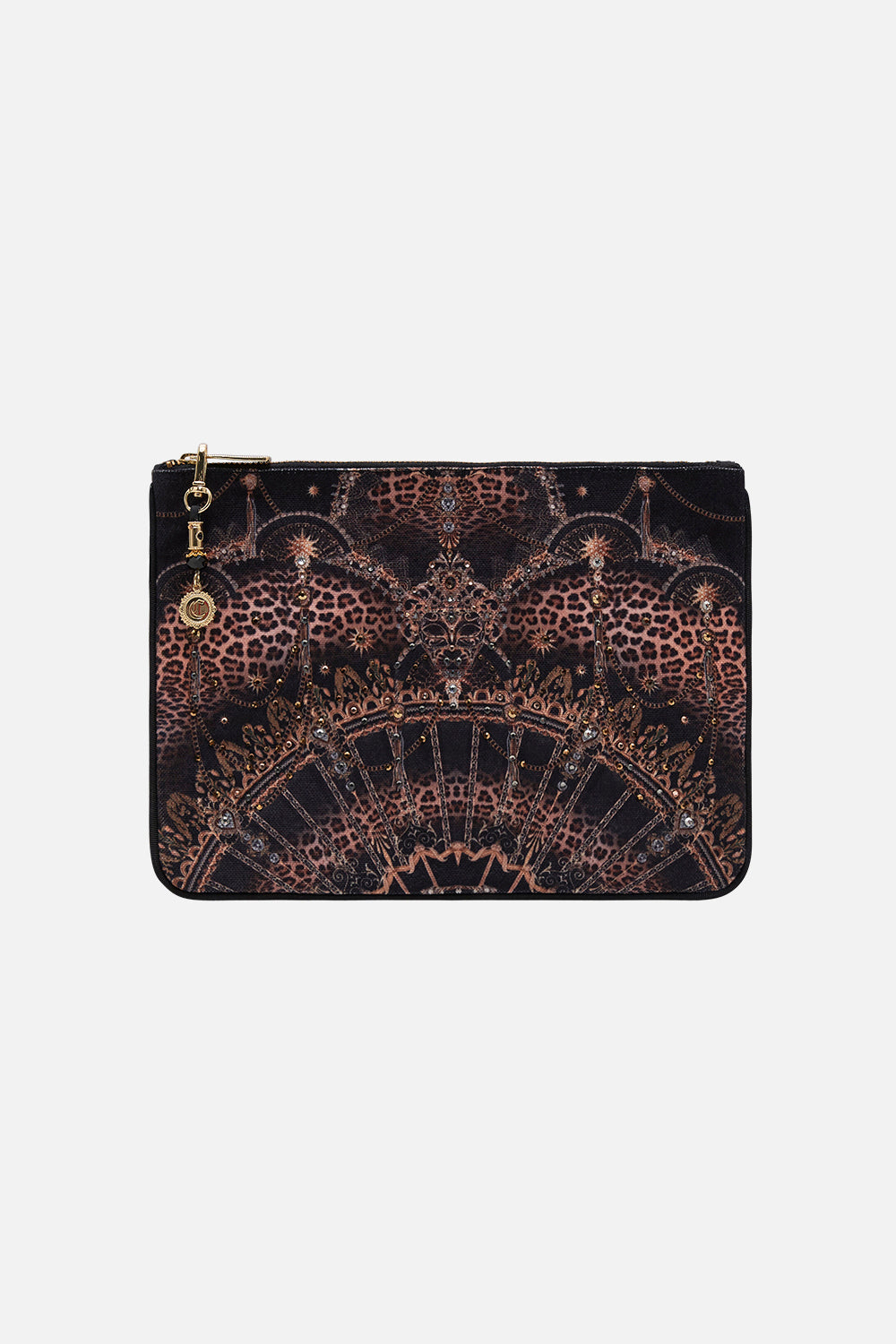 product view of CAMILLA  designer black and gold clutch in Masked At Moonlight print