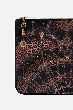 product view of CAMILLA  designer black and gold clutch in Masked At Moonlight print