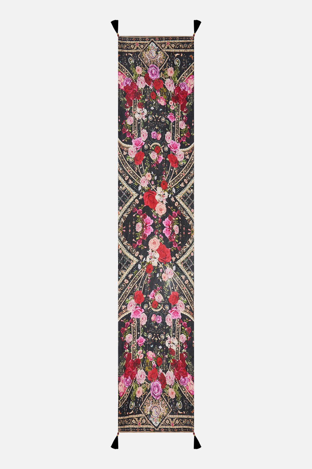 Product view of CSAMILLA floral print long silk scarf in Reservation For Love print 