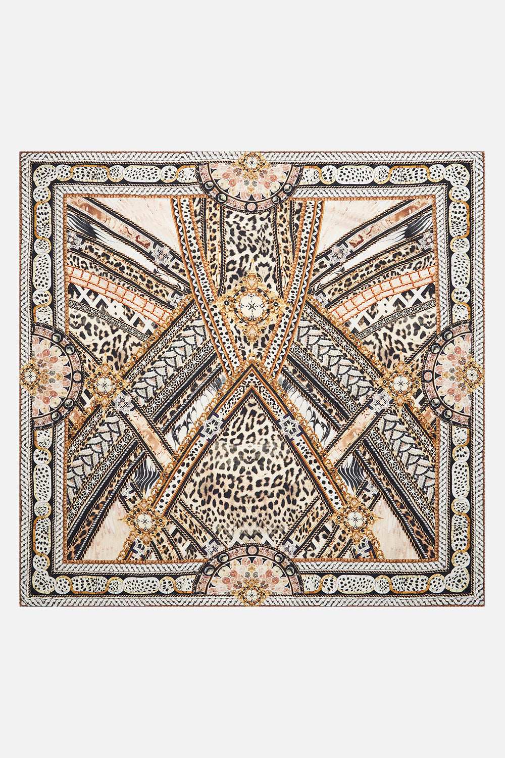 Detail view of CAMILLAanimal print silk square  scarf in Mosaic Muse