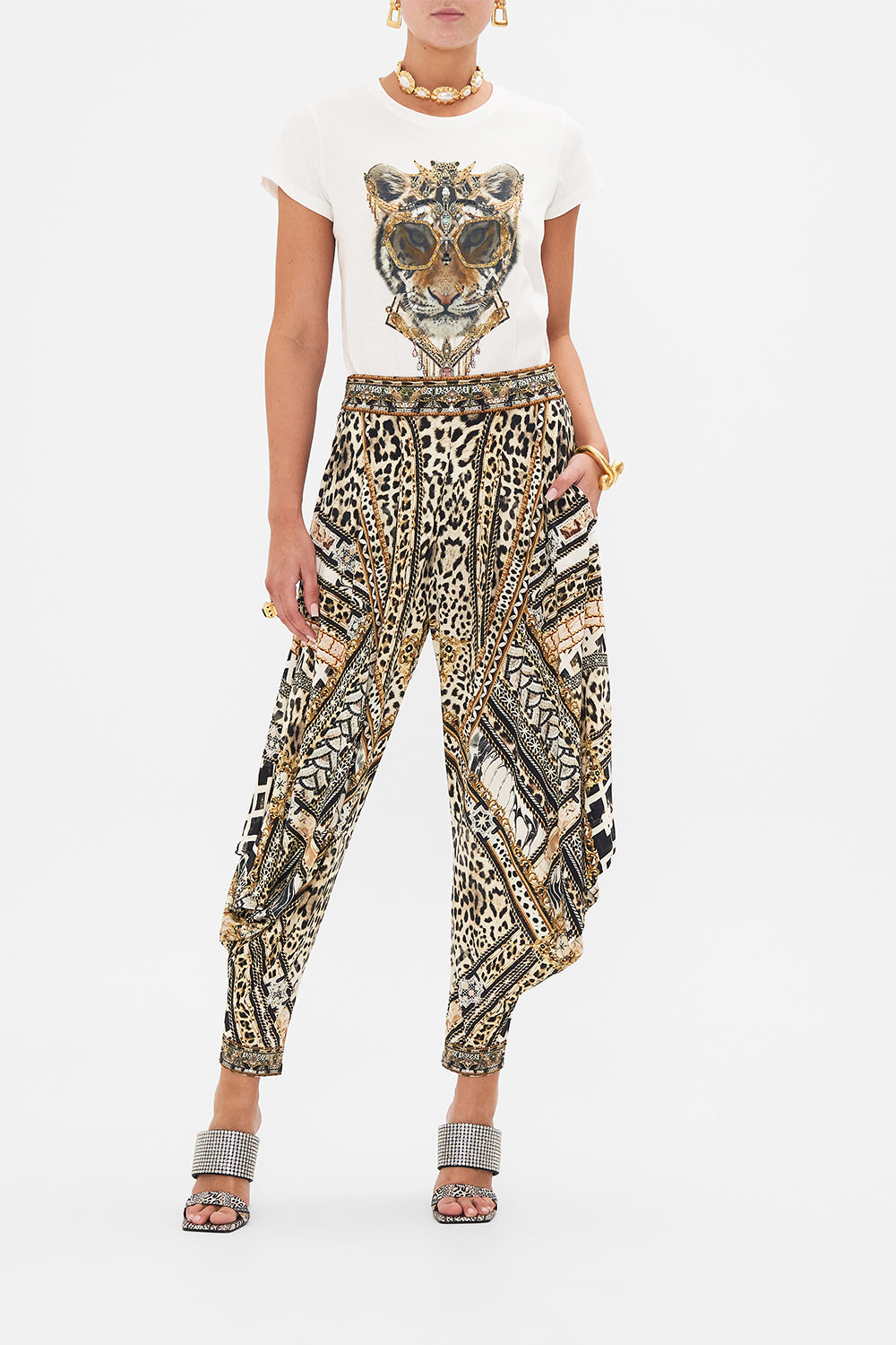 Front view of model wearing CAMILLA luxury jersey pant in Mosaic Muse 