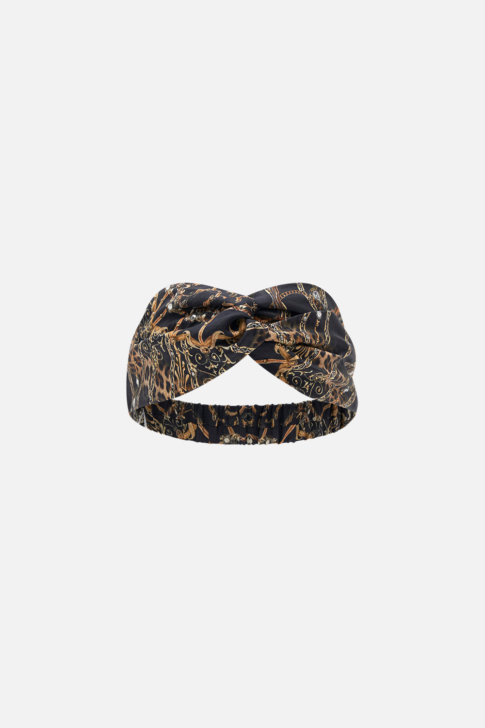 Product view of CAMILLA black and gold silk twist front headband  in Masked at Moonlight print