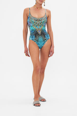 Front view of model wearing CAMILLA designer one piece swimsuit in Azure Allure
