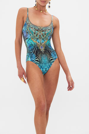 Crop view of model wearing CAMILLA designer one piece swimsuit in Azure Allure