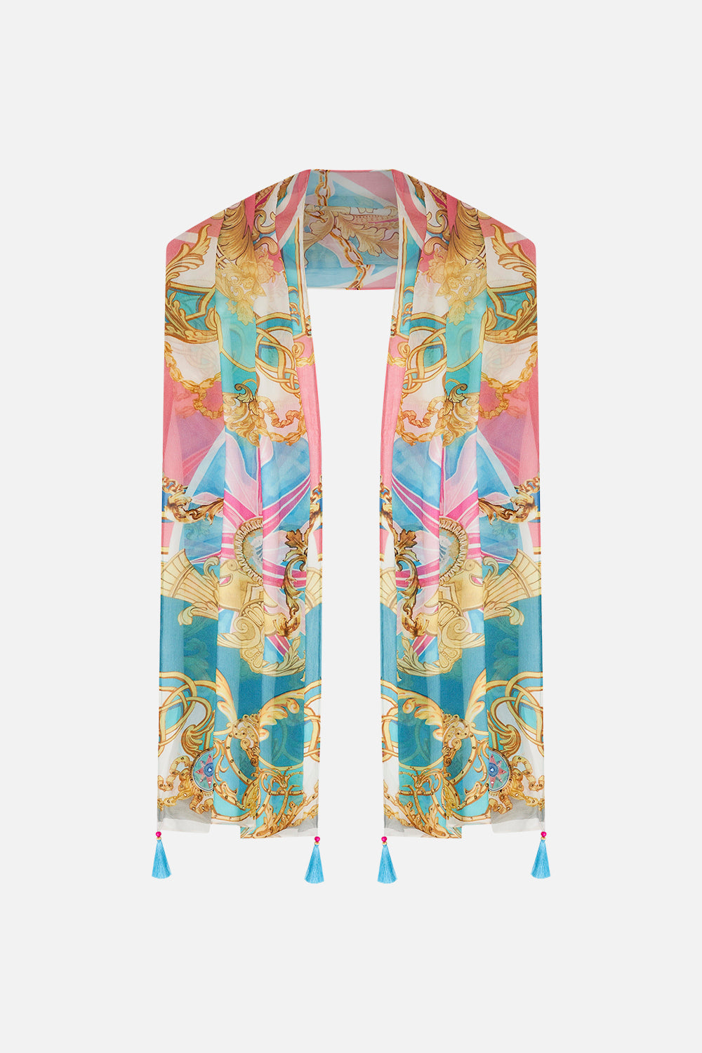 Product view of CAMILLA lomg silk sacrf in Sail Away With Me print