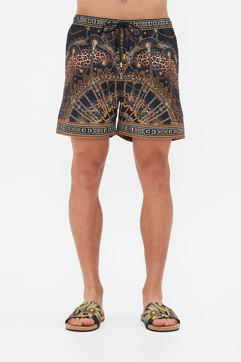 Crop view of model wearing hotel franks By CAMILLA mens boardshort in Masked At Moonlight print