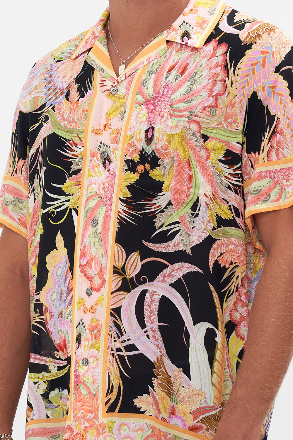 Detail view of model wearing Hotel Franks by CAMILLA mens camp collared shirt in Lady of the Moon print