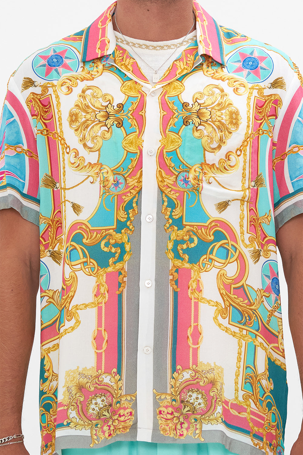 Detail view of model wearing Hotel Franks By CAMILLA mens camp collared shirt in Sail Away With Me print 