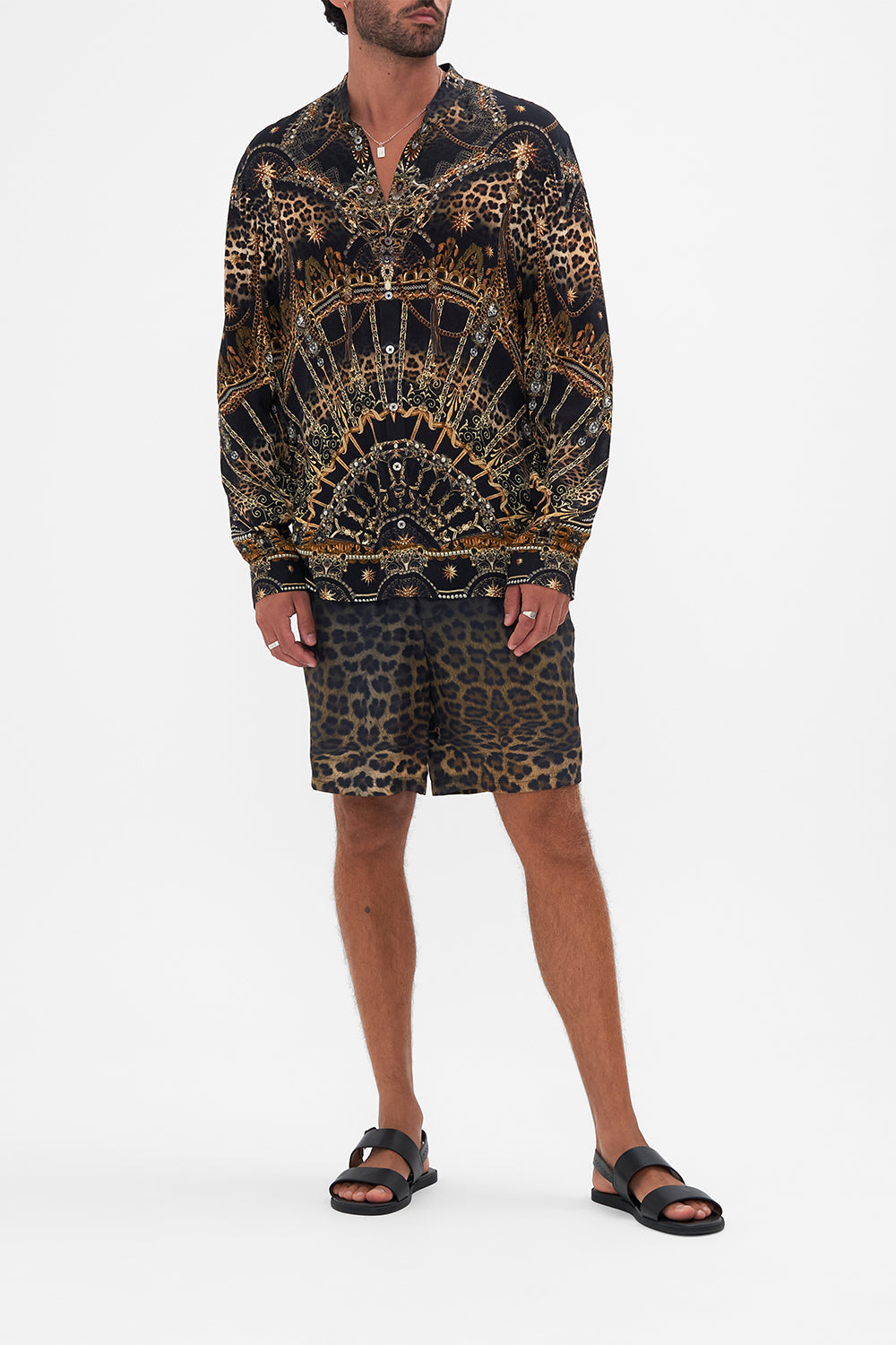 Front view of model wearing Hotel Franks By CAMILLA mens long sleeve shirt in Masked At Moonlight print 