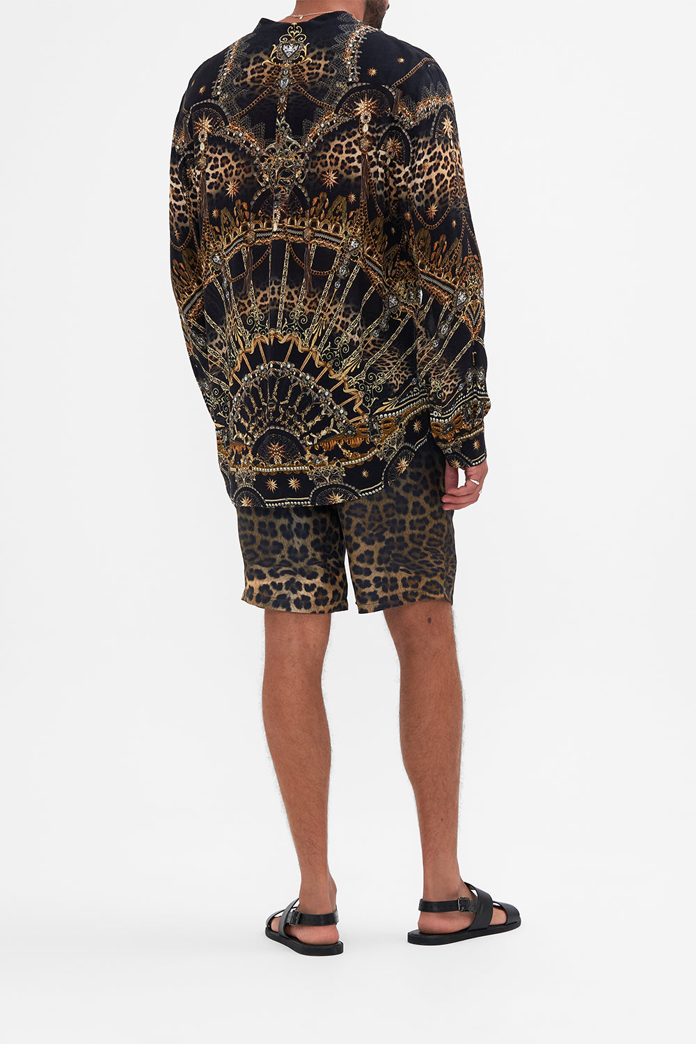 Back view of model wearing Hotel Franks By CAMILLA mens long sleeve shirt in Masked At Moonlight print 