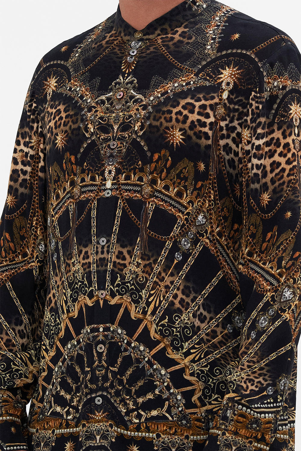 Detail view of model wearing Hotel Franks By CAMILLA mens long sleeve shirt in Masked At Moonlight print 