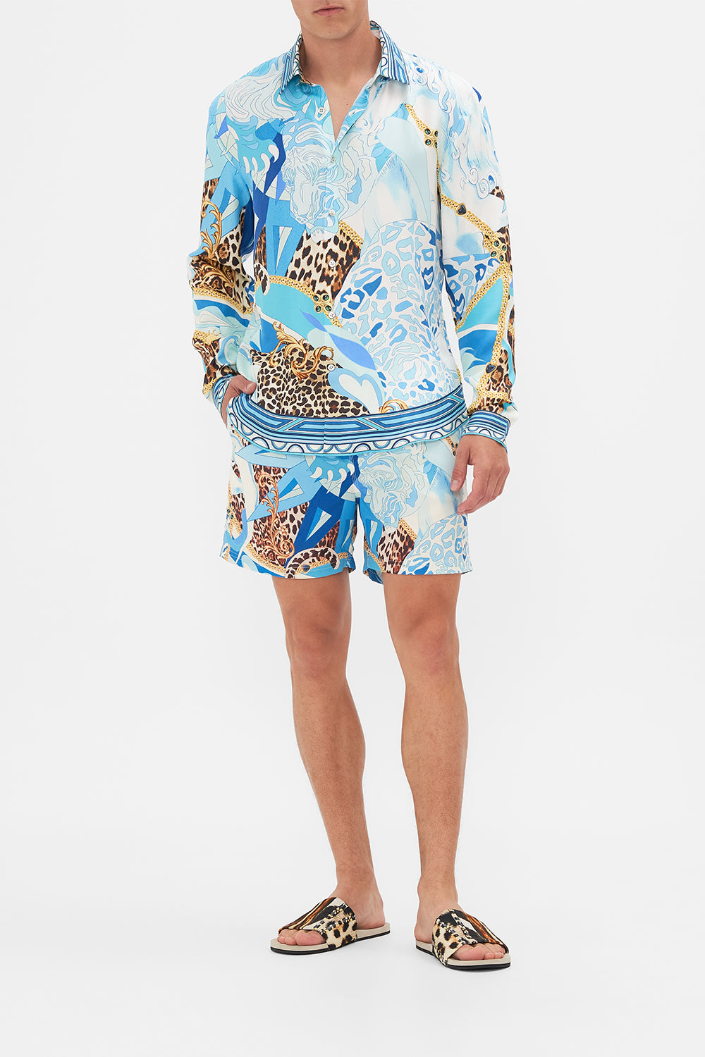 Front view of model wearing Hotel Franks By CAMILLA mens long sleeve shirt Sky Cheetah print