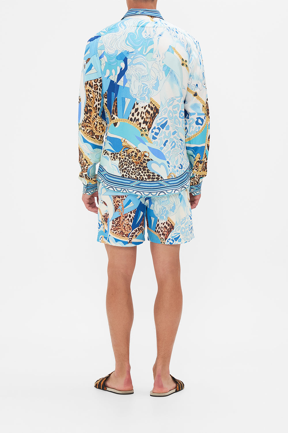 Back view of model wearing Hotel Franks By CAMILLA mens long sleeve shirt Sky Cheetah print