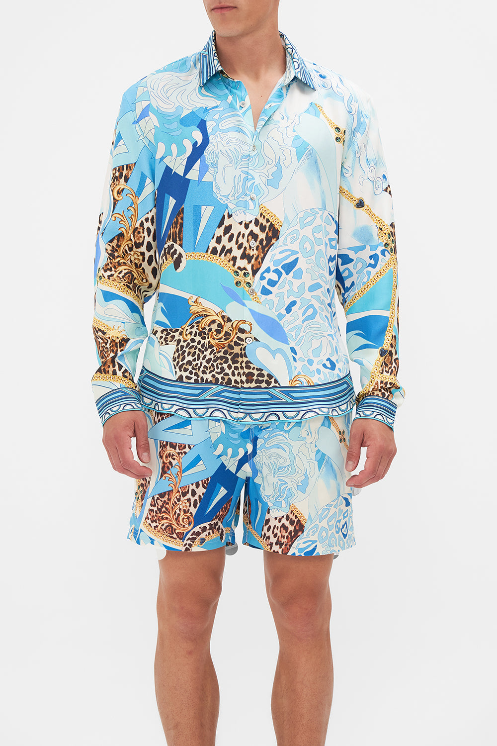 Crop view of model wearing Hotel Franks By CAMILLA mens long sleeve shirt Sky Cheetah print