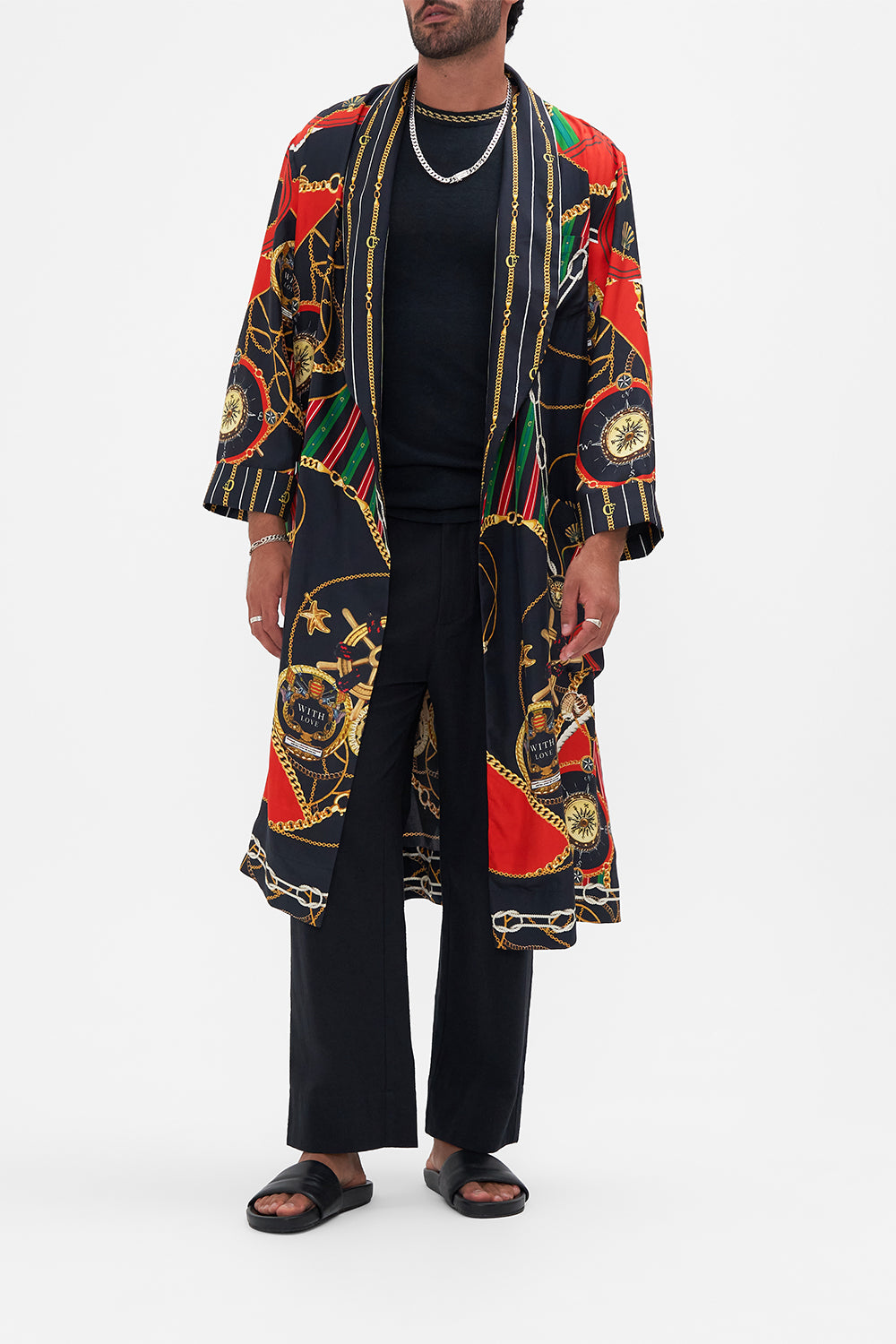 Front view of model wearing Hotel Franks by CAMILLA silk robe in Club Aperitivo print 