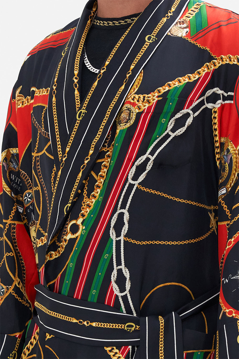 Detail view of model wearing Hotel Franks by CAMILLA silk robe in Club Aperitivo print 