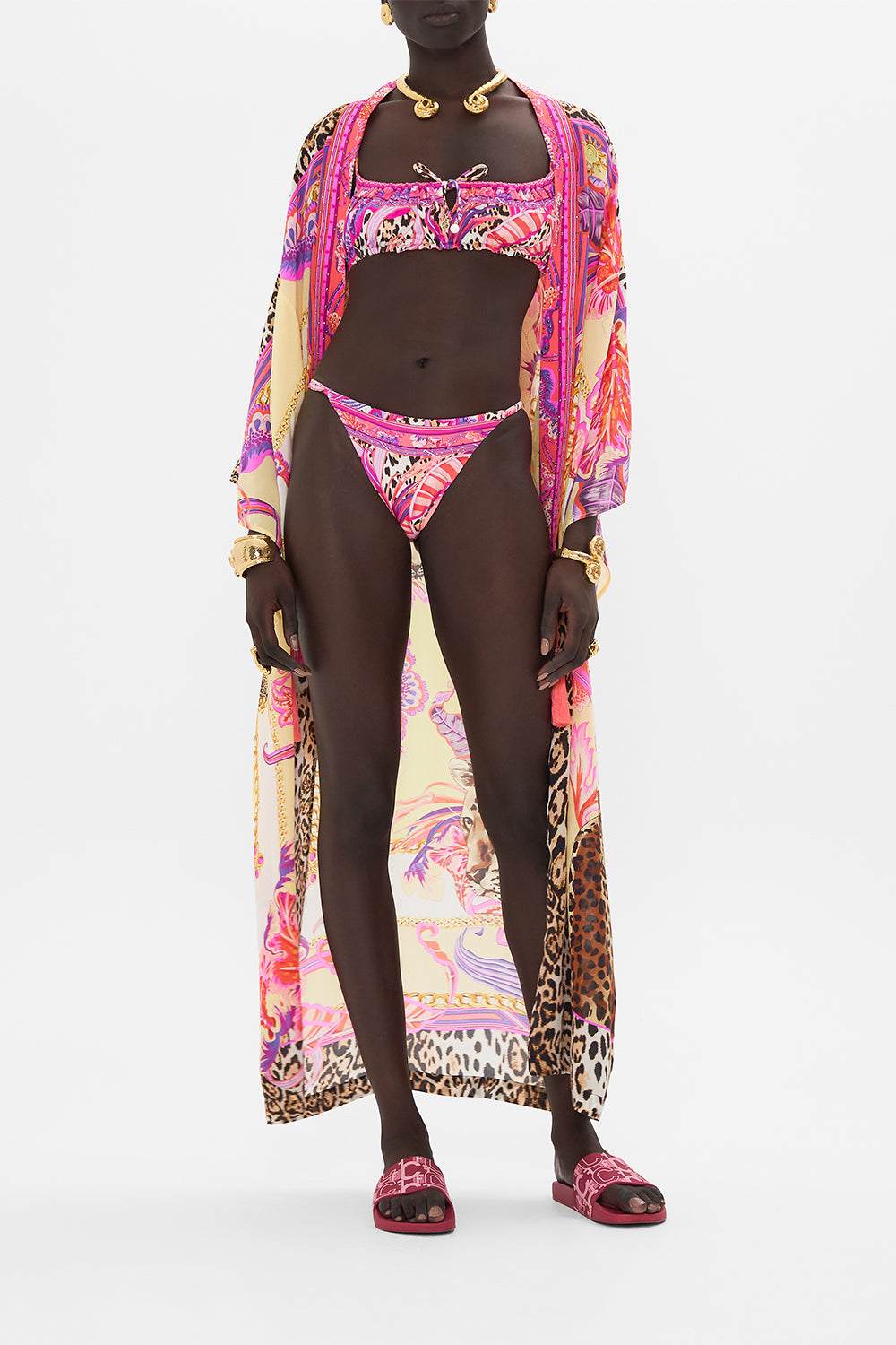 Detail view of model wearing CAMILLA resortwear bikini bottom in Viola Vintage print 