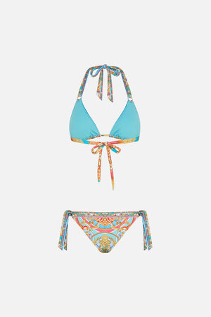 Detail view of model wearing CAMILLA resort wear bikini Sail Away With Me print 