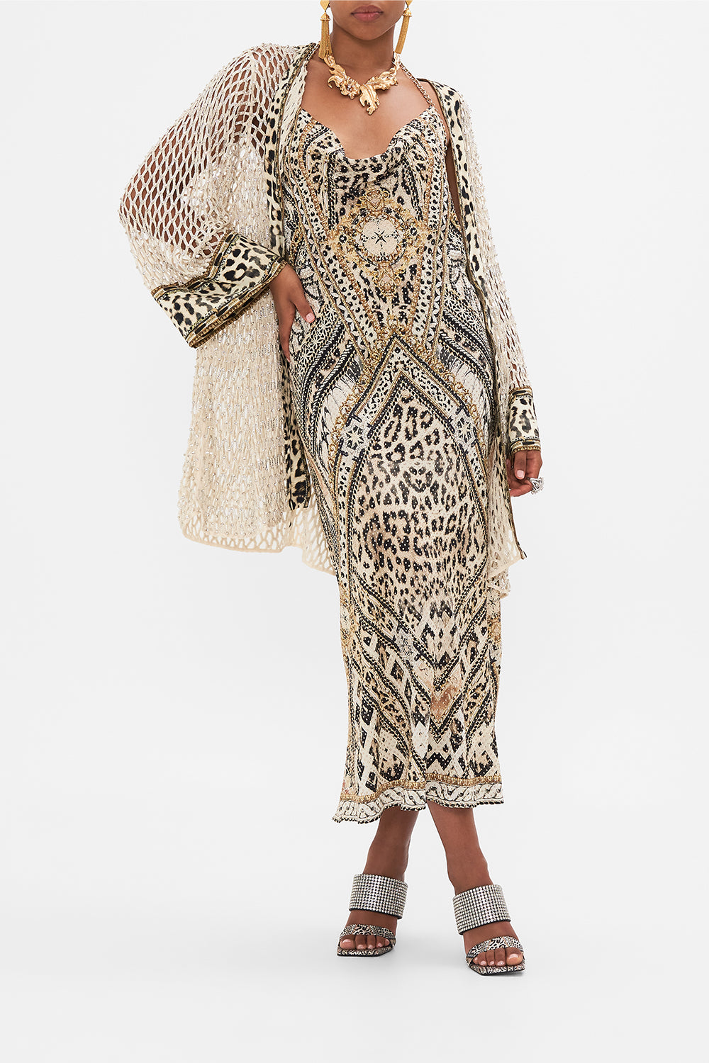 Layered styled view of model wearing CAMILLA bias silk dress in Mosaic Muse print