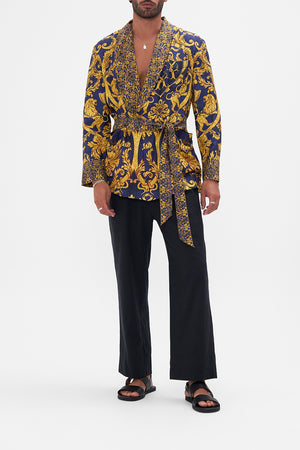 Front view of model wearing Hotel Franks by CAMILLA mens silk robe in Venice Vignette print 