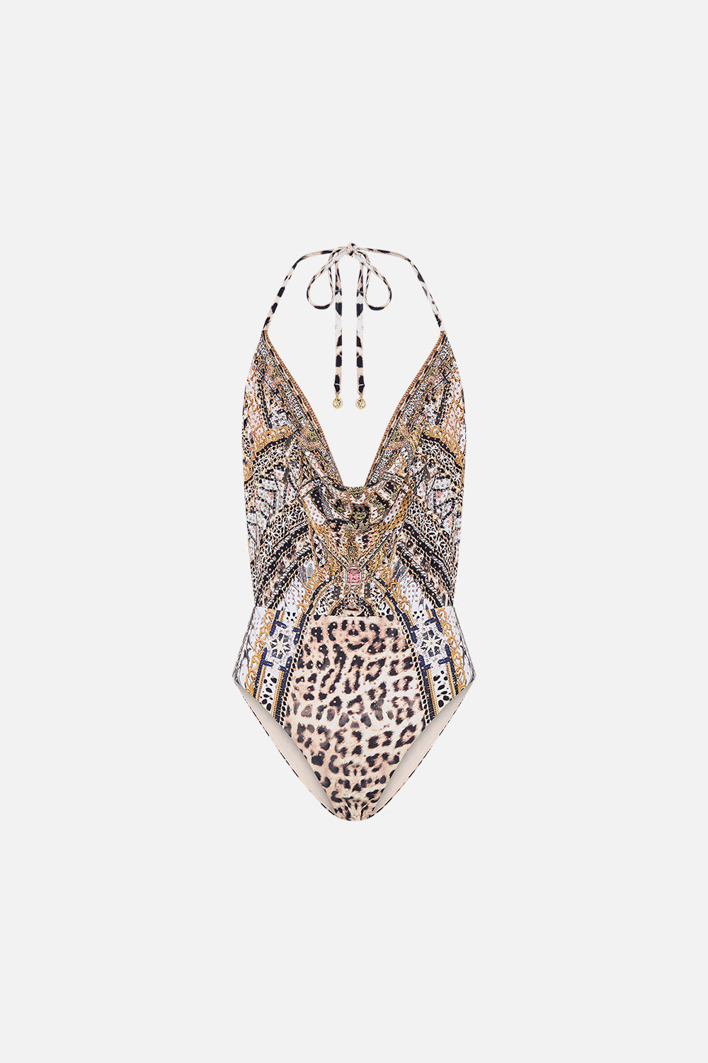 Back view of model wearing CAMILLA animal print bodysuit in Mosaic Muse
