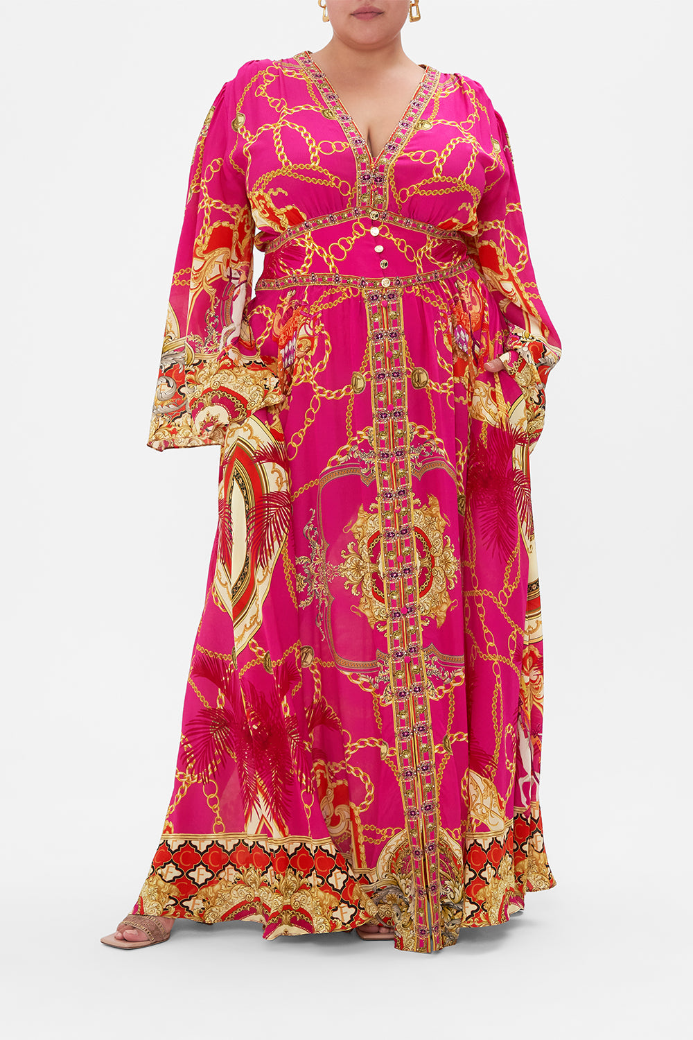 Back product view of CAMILLA pink silk maxi dress in Wild And Running  print 