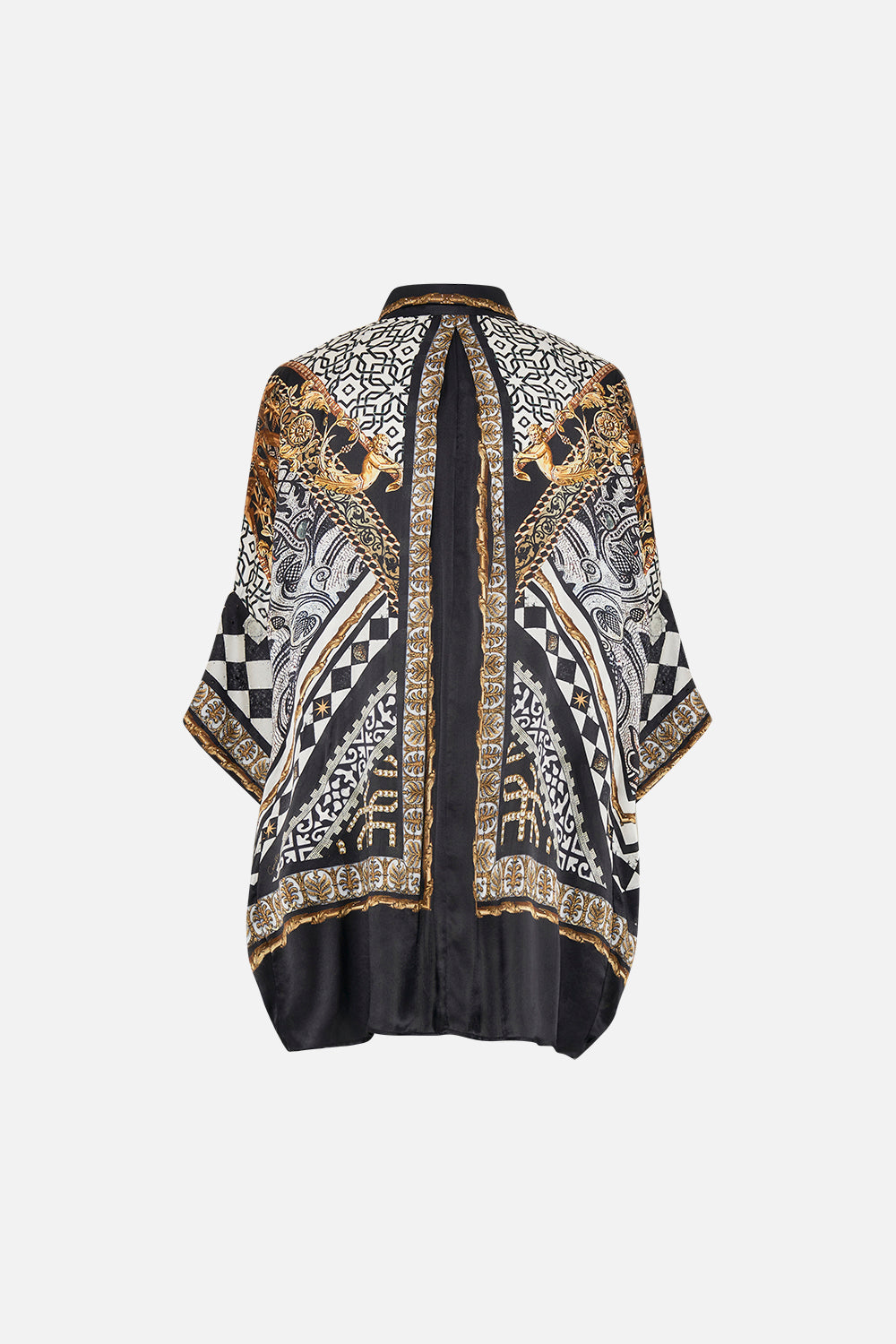 Video of model wearing CAMILLA silk batwing blouse in Look Up Tesoro print