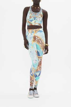 Front view of model wearing CAMILLA activewear crop top in Sky Cheetah print