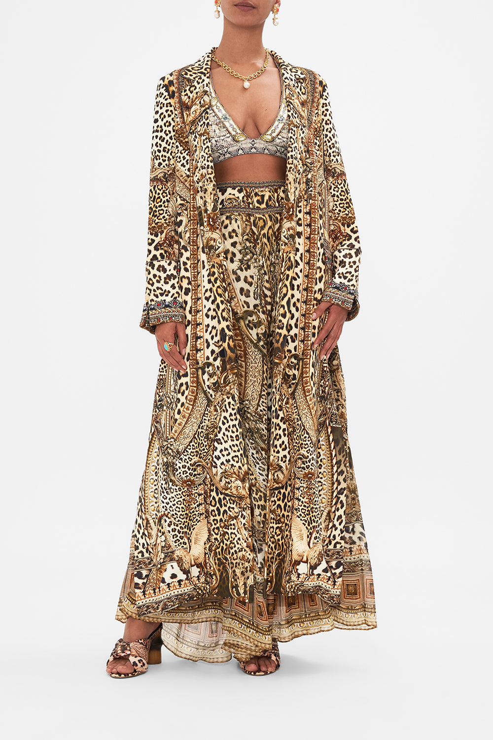 Front view of model wearing CAMILLA Leopard print coat in Standing Ovation print