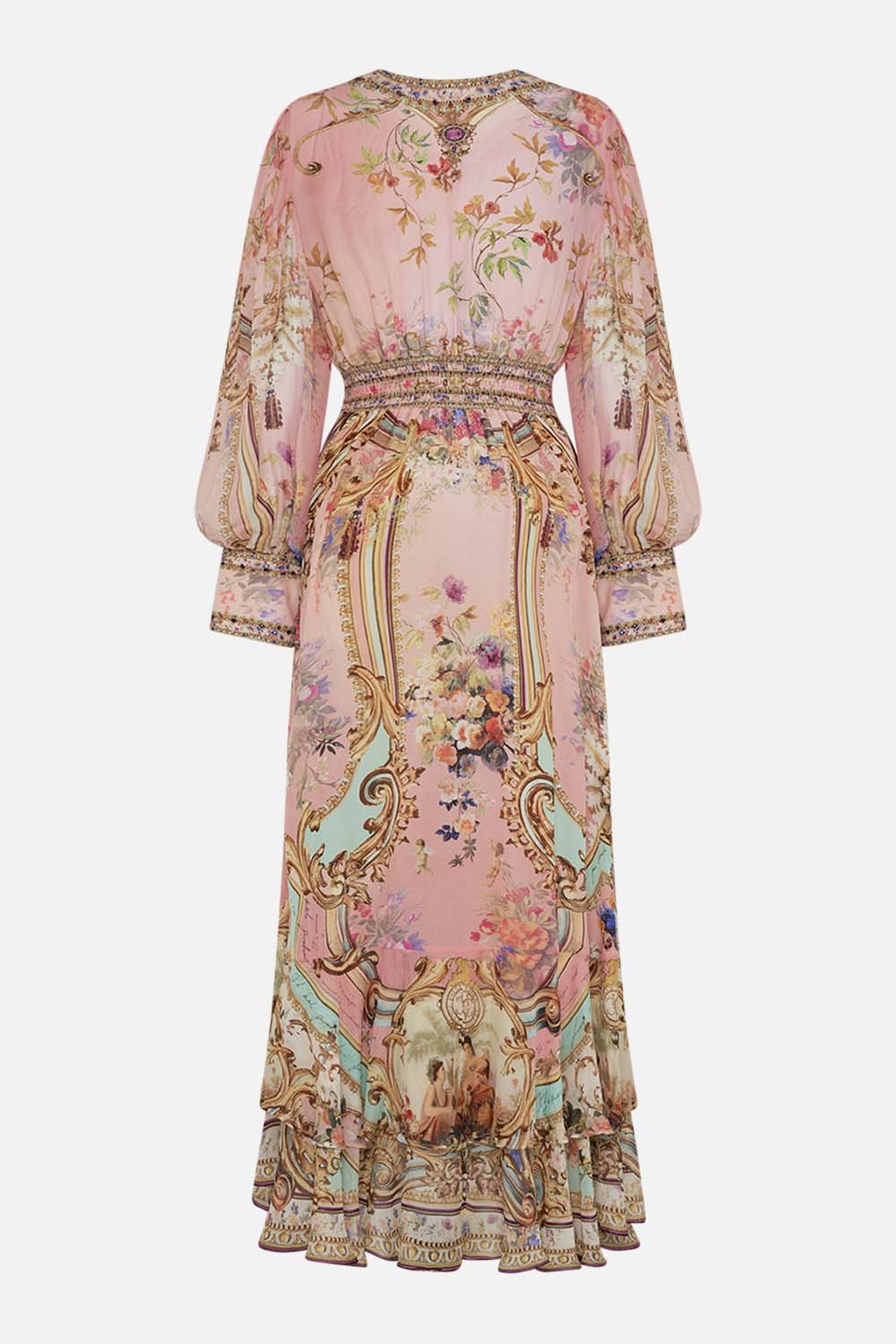 Video of model wearing CAMILLA pink silk maxi  dress in Letters From The Pink Room print