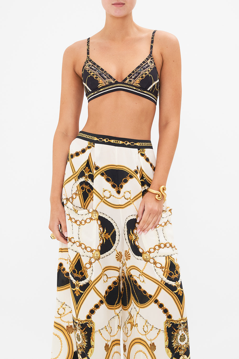 Crop view of model wearing CAMILLA lingerie bra in Coast to Coast print 