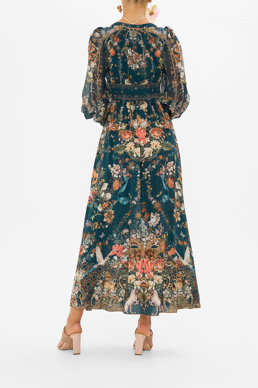 CAMILLA floral  silk dress in She Who Wears The Crown print