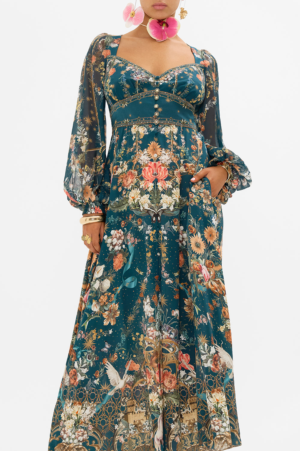 CAMILLA floral  silk dress in She Who Wears The Crown print