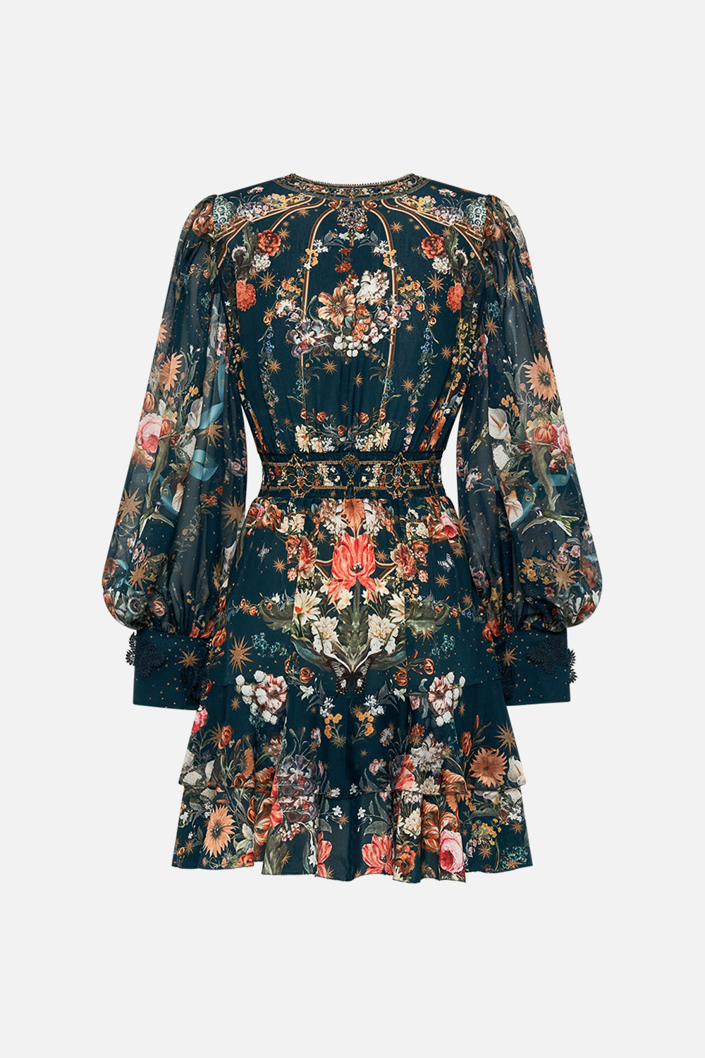 CAMILLA silk frill dress in She Who Wears The Crown print