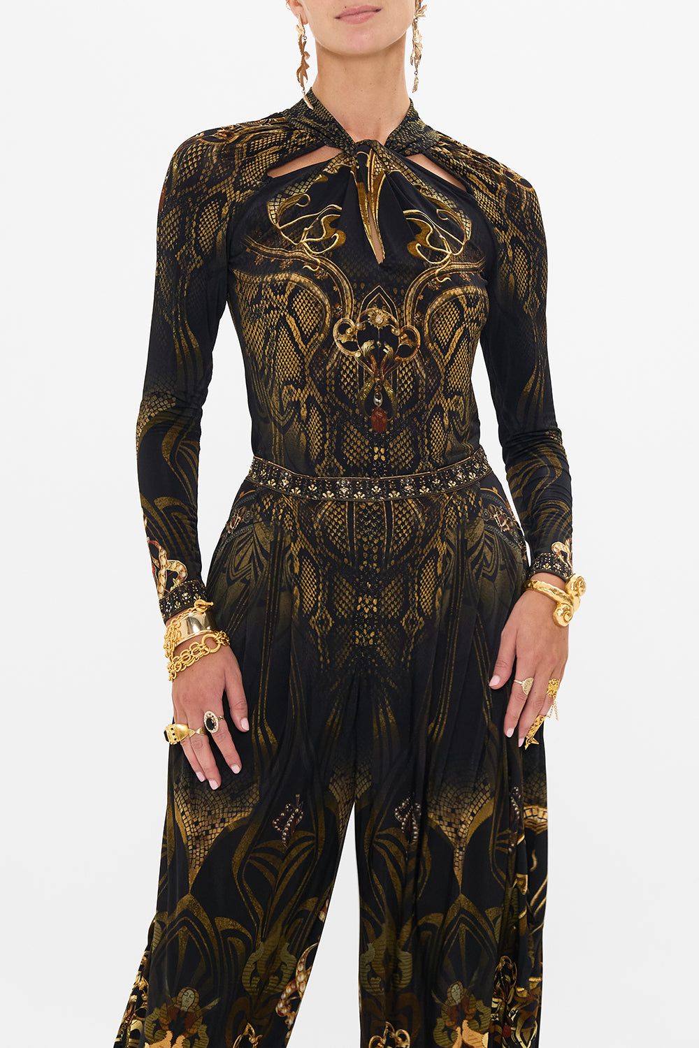 CAMILLA jersey cut out top in Nouveau Noir print