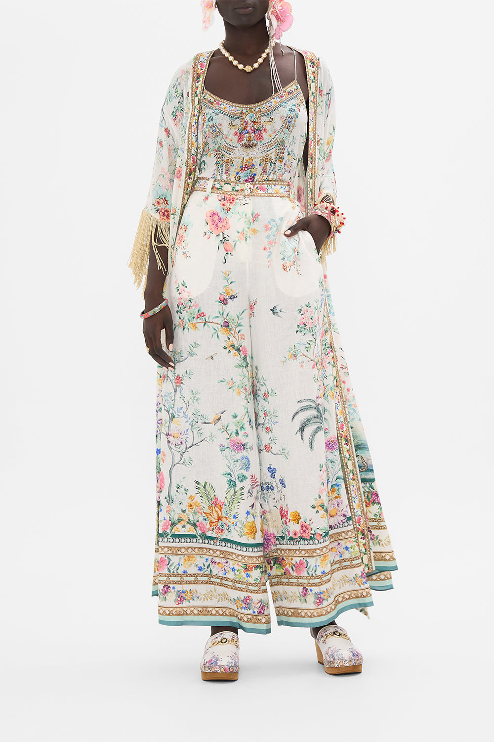 CAMILLA silk pants in Plumes and Parterres print