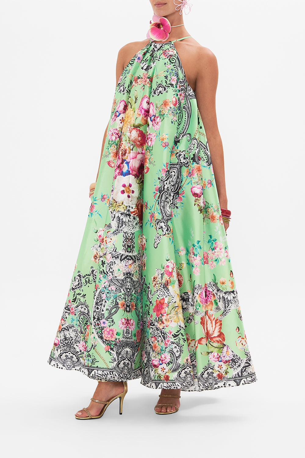 Side view of model wearing CAMILLA maxi dress in Porcelain Dream Print