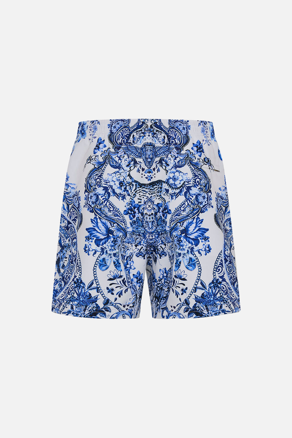 Back view of Hotel Franks By CAMILLA blue and white mens boardshorts in Glaze and Graze print