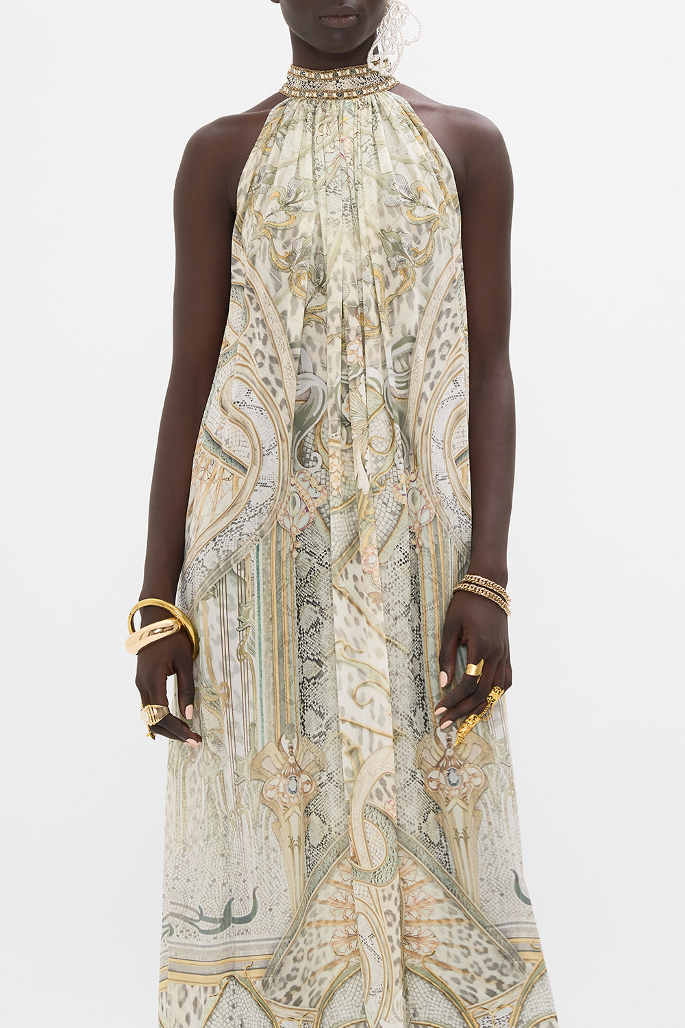 CAMILLA silk maxi dress in Ivory Tower Tales print