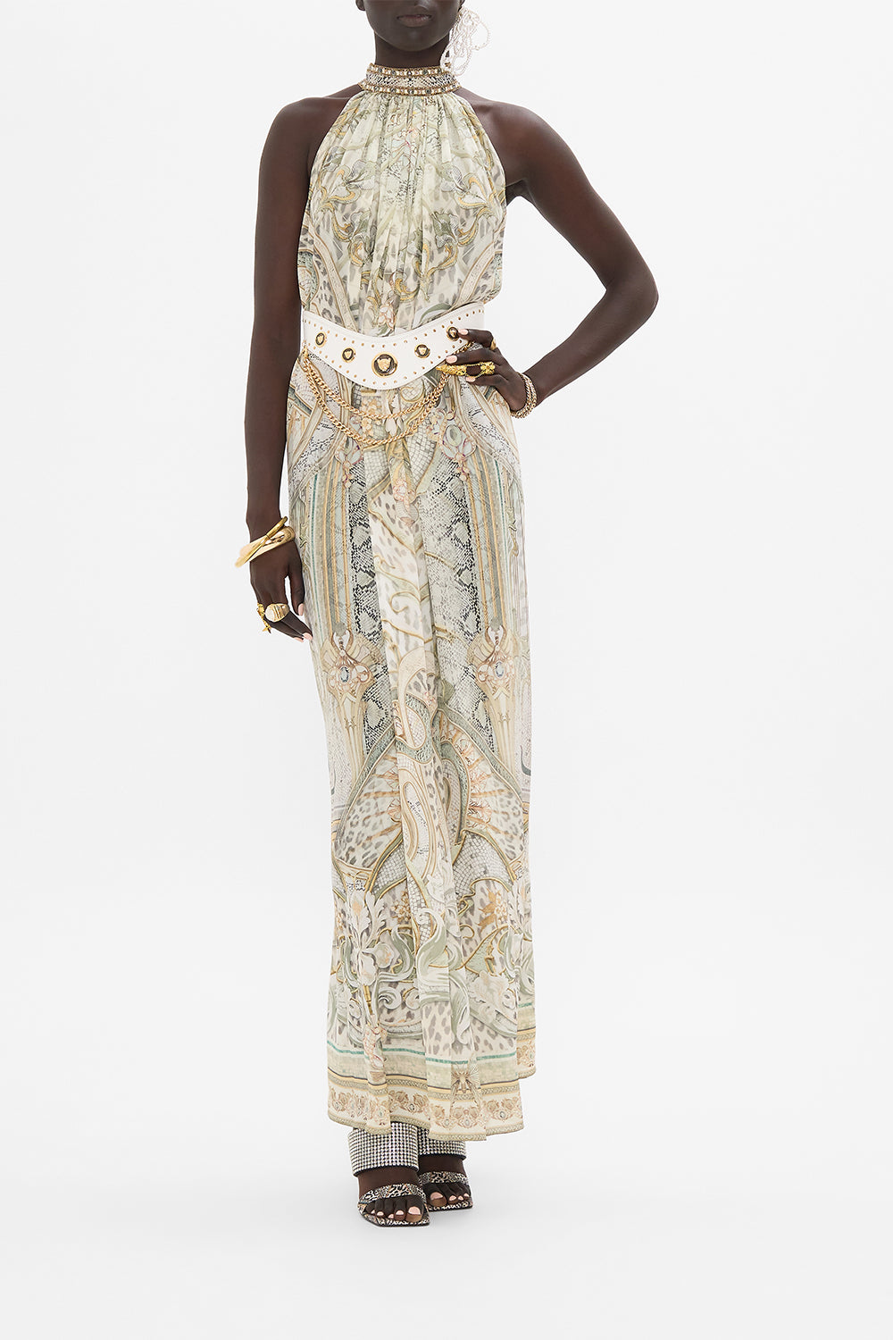 CAMILLA silk maxi dress in Ivory Tower Tales print