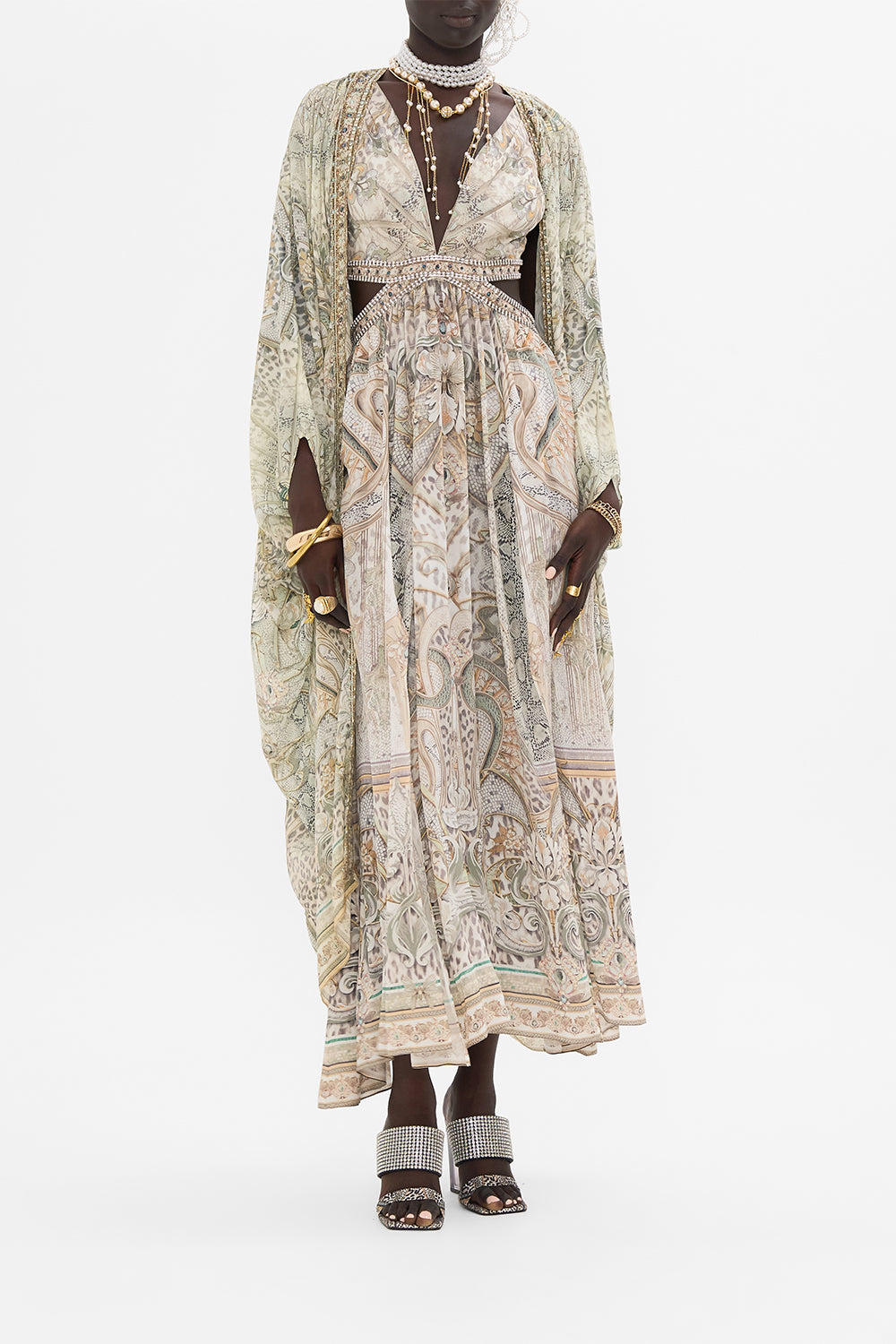 CAMILLA cut out dress in Ivory Tower Tales print