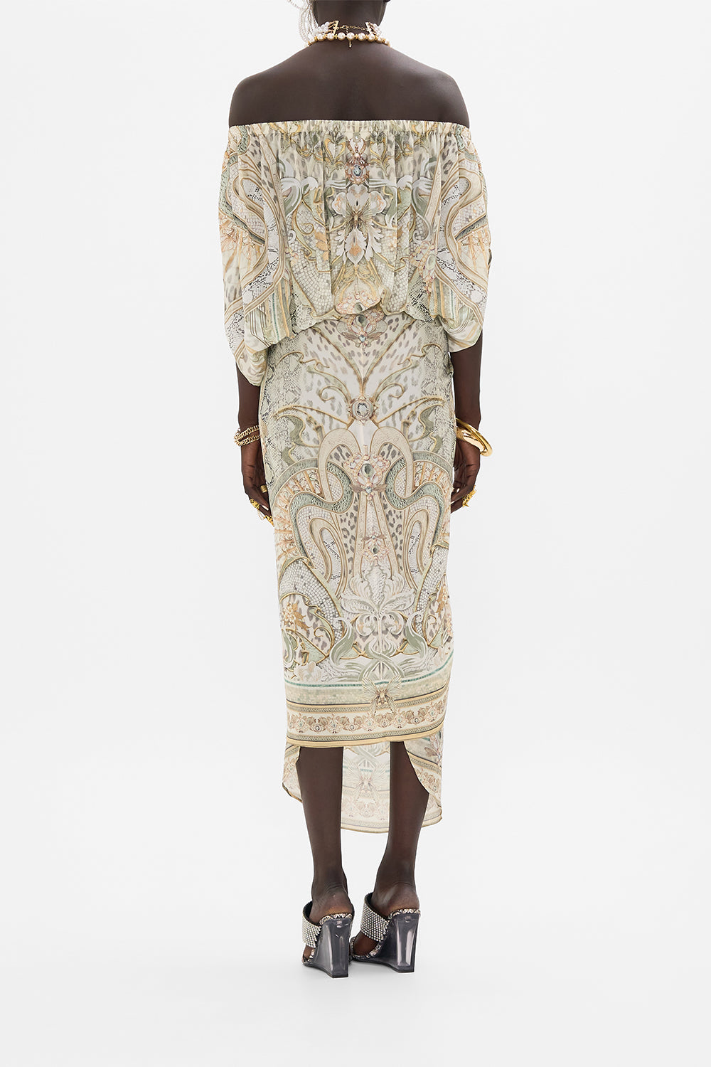 CAMILLA off shoulder top in Ivory Tower Tales print