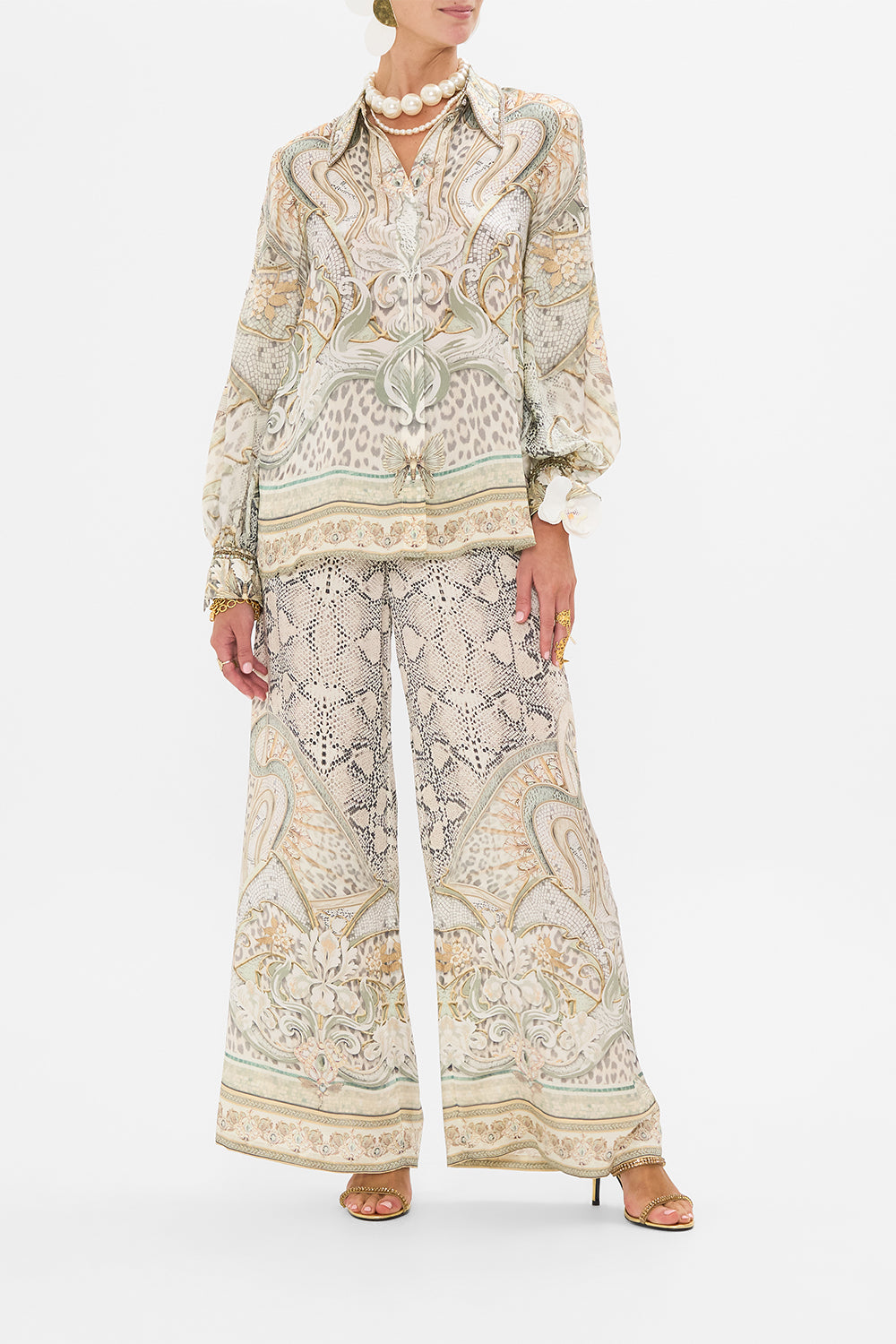 CAMILLA silk pants in Ivory Tower Tales print