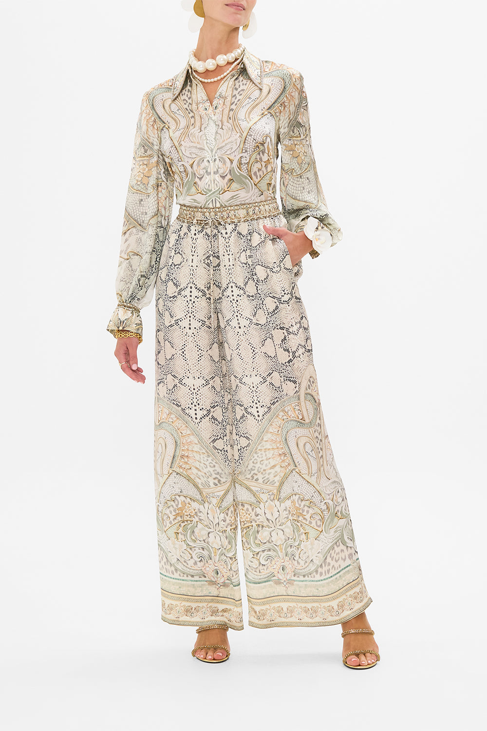 CAMILLA silk pants in Ivory Tower Tales print