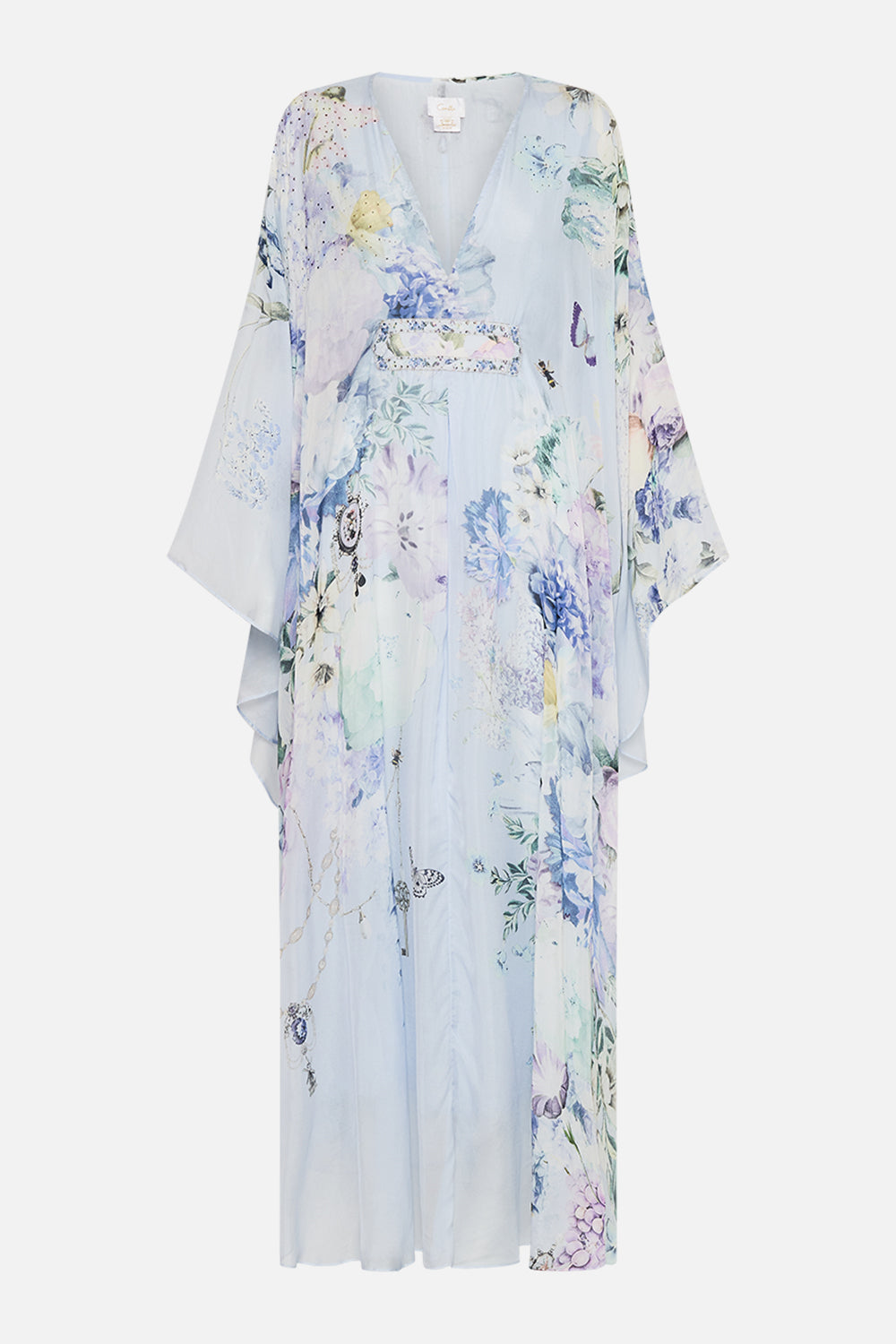 CAMILLA blue silk kaftan in Butterfloria print