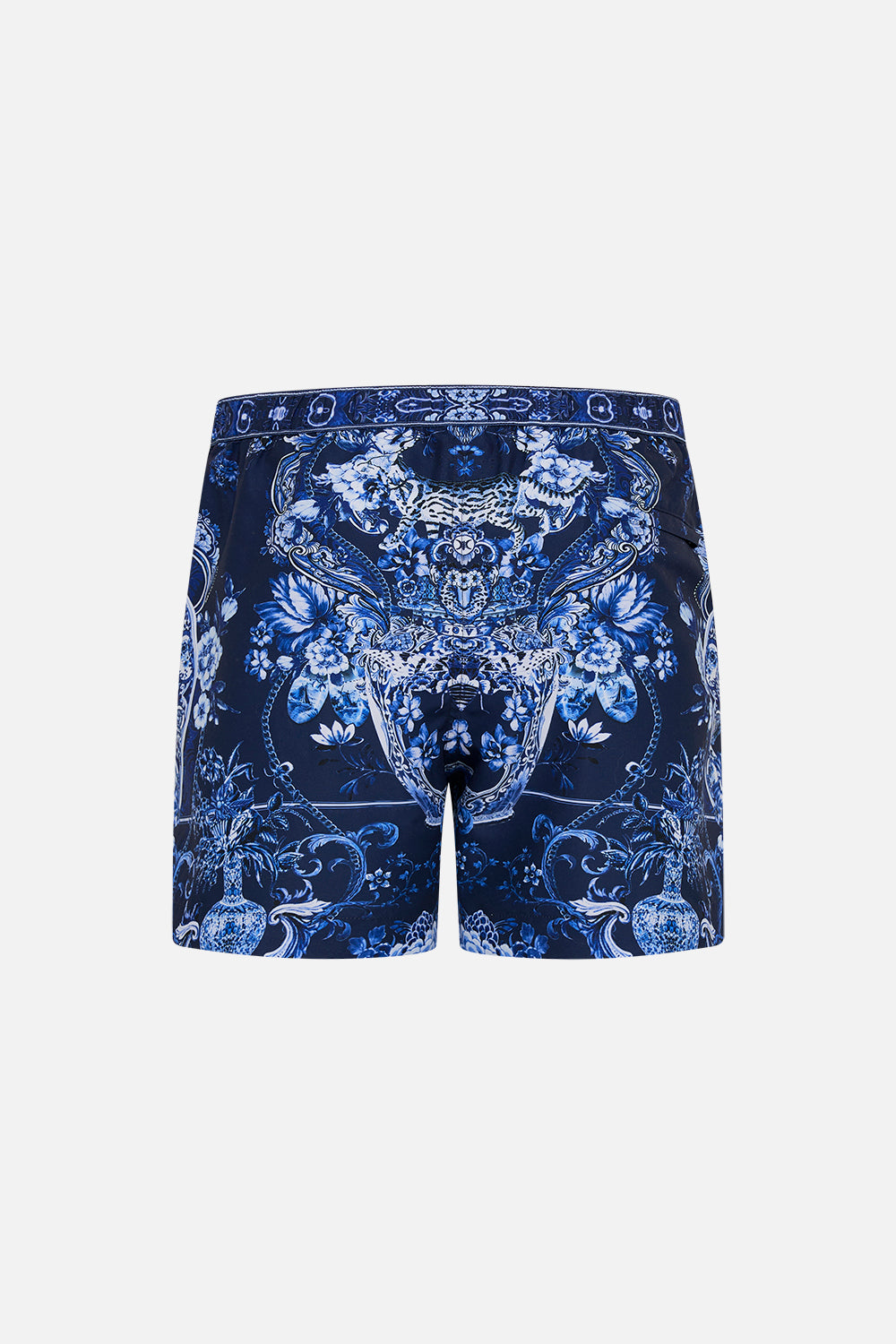 Back product view of Hotel Franks By CAMILLA mens blue swim shorts in Delft Dynasty print