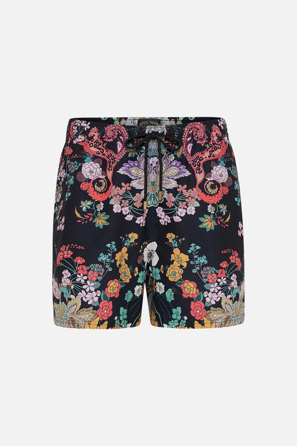 Hotel Franks by CAMILLA mens black floral print boardshort on We Wore Folklore print