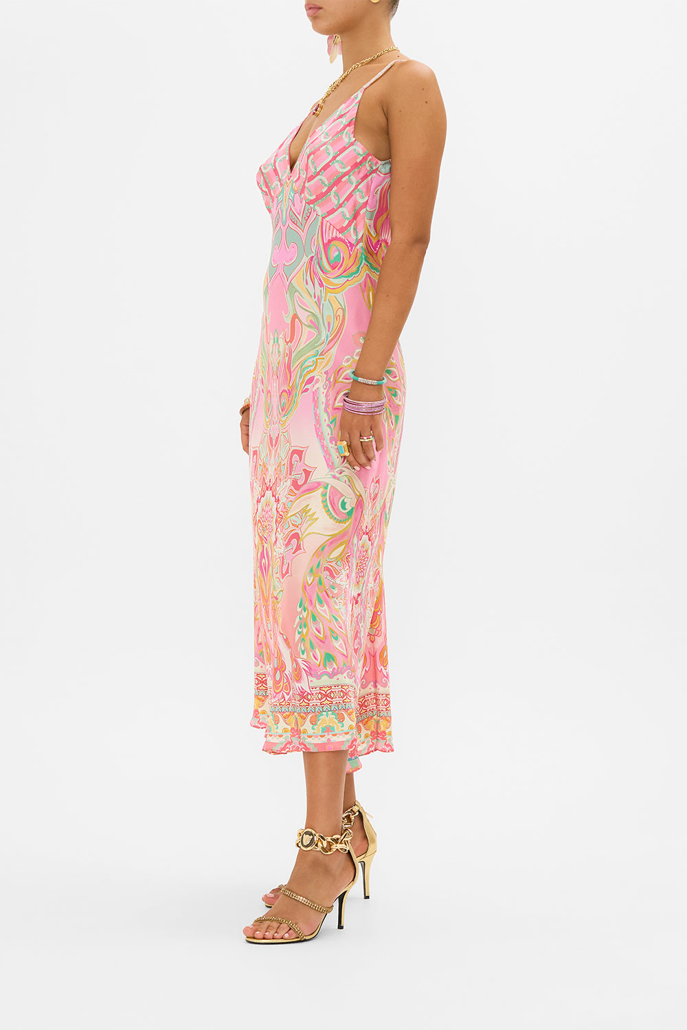 CAMILLA silk bias slip dress in Tea With Tuchinski print